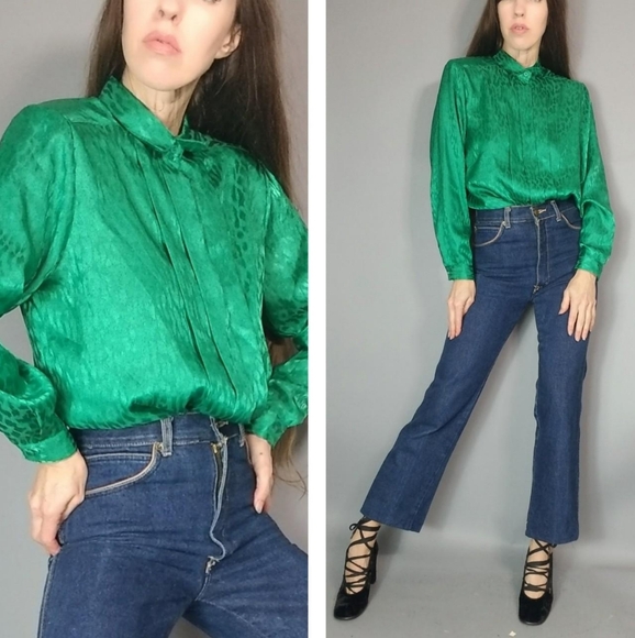Vintage 80s 90s Emerald Green 💚 Blouse Festive Holiday s m - Picture 1 of 7